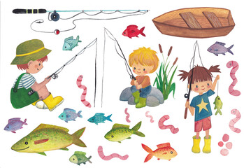 Illustration of a set of children fishing on a white background. Supplies set.