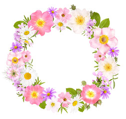Flower wreath with roses, daisies and other flowers