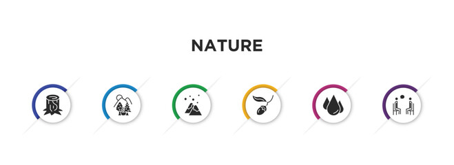 nature filled icons with infographic template. glyph icons such as trunk, mountains with trees, snowed mountains, chestnut oak tree, raindrop, therapy vector.