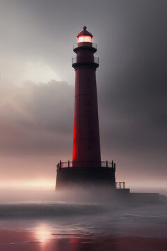 Vintage red lighthouse on the seashore surrounded by waves in cloudy weather