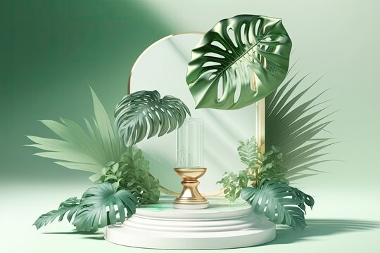 water scene with a podium presentation. The pedestal of a tropical palm leaf, a symbol of nature. Green stand with exotic plant, sun shade for cosmetic and beauty product advertising. Illustration moc