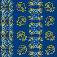 Abstract background of wavy embossed lines in blue and yellow tones. Intricate unusual kaleidoscope patterns. Openwork lace. Ethnic Ukrainian patterns for painting eggs