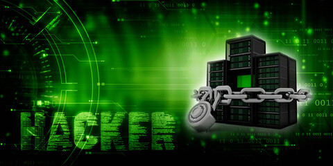 3d illustration Data center server protection lock