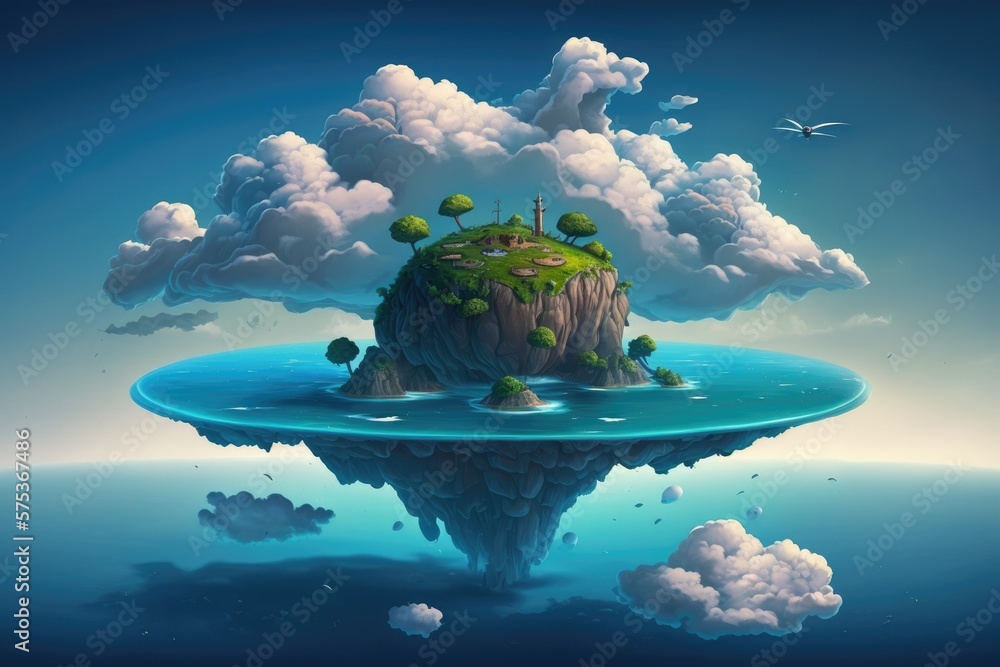 Poster incredible and unusual allan's planetary environment a cloudy sea with a floating island. artwork fo