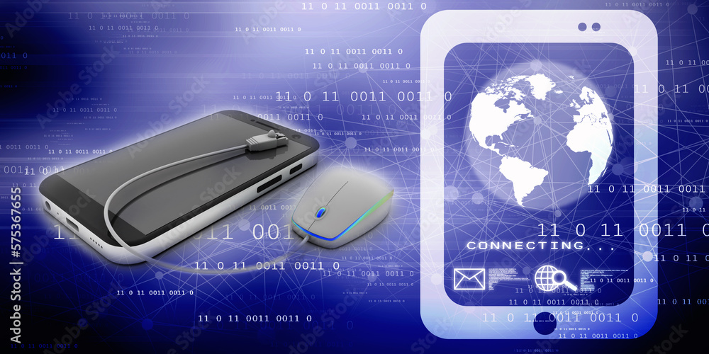 Poster 3d rendering mobile phone with rj45 connected mouse