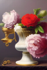 Old-fashioned and soft pastel colored flowers in vase. Vintage concept romantic scene. Ai generated art.