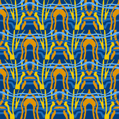 Abstract background of wavy embossed lines in blue and yellow tones. Intricate unusual kaleidoscope patterns. Openwork lace