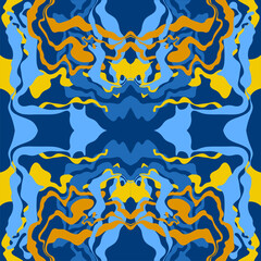 Fototapeta na wymiar Abstract background of wavy embossed lines in blue and yellow tones. Intricate unusual kaleidoscope patterns. Openwork lace
