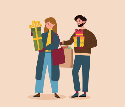 Couple carrying gift boxes. Man and woman with gifts. Shopping, family in store with packages. Design element for greeting and invitation card. Holiday and festival. Cartoon flat vector illustration