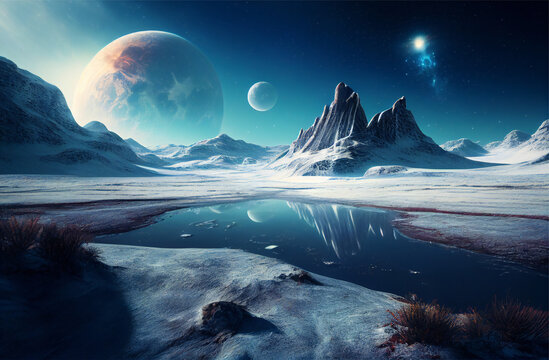Extraterrestrial landscape with snow and mountains, scenery of alien planet in deep space, generative Ai
