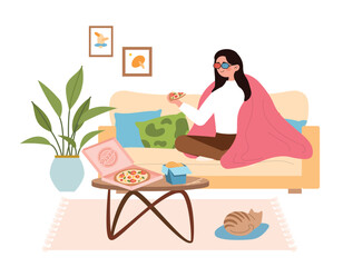 Fototapeta na wymiar Eating takeaway food watching movie. Woman in red and blue glasses with pizza in her hand sits in apartment and watches movies. Rest after work and evening leisure. Cartoon flat vector illustration