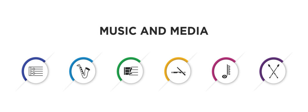music and media filled icons with infographic template. glyph icons such as repeat, jazz, quarter note rest, clave, hemidemisemiquaver, drumsticks vector.