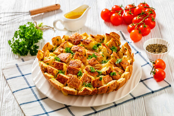 cheesy garlic bread, pull apart bread, top view