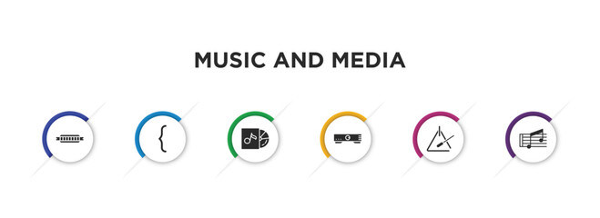 music and media filled icons with infographic template. glyph icons such as harmonica, brace, album, amplifier, music triangle, beam vector.