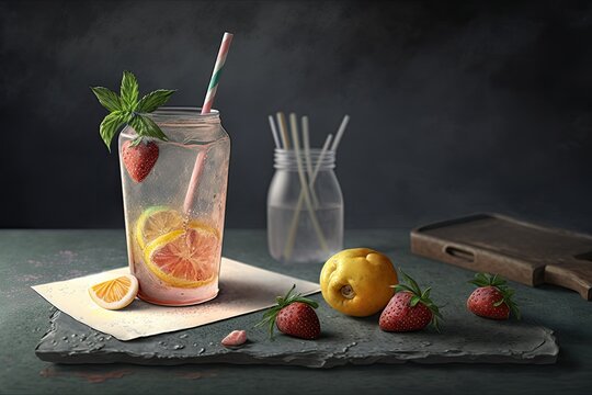 Peach lemonade with soda water and strawberries on a grey table with room for writing. Cool drink for the summer. Generative AI