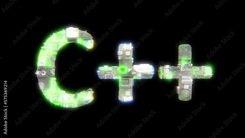 Poster cybernetical text c++ with chromatic aberrance and glitch effects, isolated