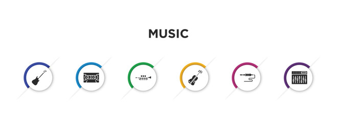 music filled icons with infographic template. glyph icons such as guitar, radio caste, et, violin, jack, sound mixer vector.