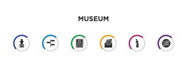 museum filled icons with infographic template. glyph icons such as bust, , gioconda, archivist, venus de milo, no photo vector.