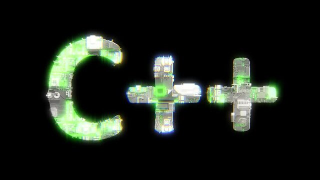 cybernetical text C++ with chromatic aberrance and glitch effects, isolated