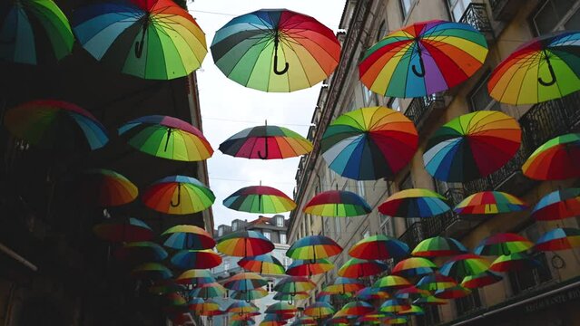 Umbrella with rainbow pride flag in horizontal position