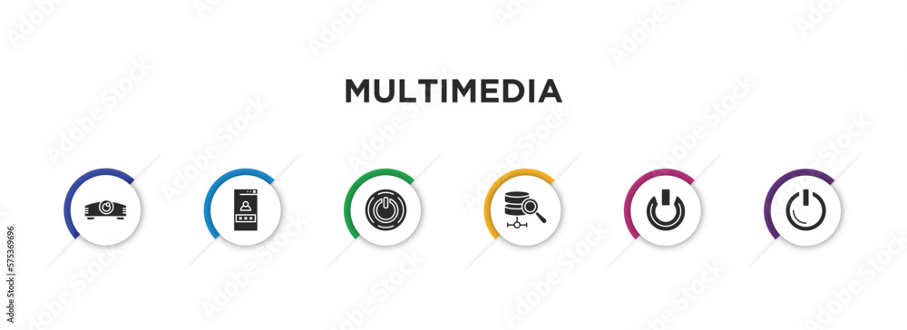 Poster multimedia filled icons with infographic template. glyph icons such as projector len, web log in, on