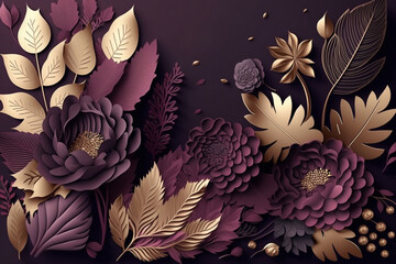 3d paper flowers and leaves background in plum, violet and gold, floral botanical wallpaper. AI generated illustration. Design for greeting card background, beauty products, fashion, template banner.