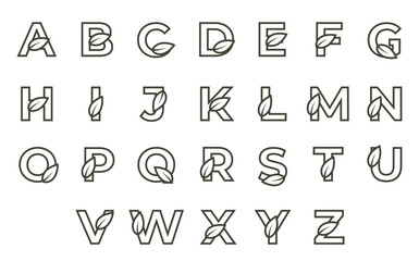 line letter with leaf set. environment and eco alphabet design. isolated vector image