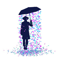A man with an umbrella has a private celebration and is well pleased with himself as confetti falls under his umbrella in this 3-d illustration