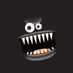 black monster. Vector funny angry black shark face with open mouth with fangs and evil eyes isolated on black background. Halloween and angry monster design template for poster, banner and tee print