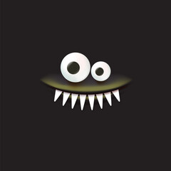 black monster. Vector funny angry black shark face with open mouth with fangs and evil eyes isolated on black background. Halloween and angry monster design template for poster, banner and tee print