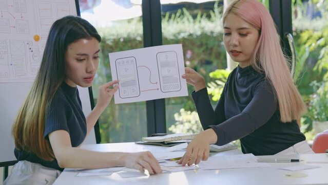 Female ux developer and ui designer brainstorming about mobile app interface wireframe design. App developer team meeting about screen display prototype layout for smartphone, ui, ux concept.