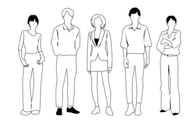 Vector silhouettes of  men and a women, a group of standing  business people,  linear sketch, black and white color isolated on white background