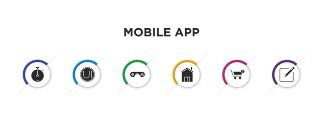 mobile app filled icons with infographic template. glyph icons such as stop watch, ui, videogame, homepage, purchase, edit tool vector.