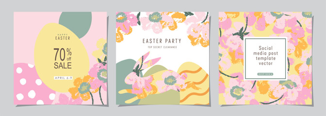 Fototapeta na wymiar Happy Easter Set of Sale banners, social media, greeting cards, posters, holiday covers. Trendy design with typography, hand painted plants, dots, eggs and bunny, in pastel colors. banner background.