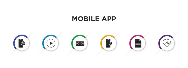 mobile app filled icons with infographic template. glyph icons such as mobile shopping, media player, digital clock, mobile banking, description, health vector.