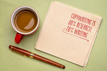 copywriting is 80% research, 20% writing - handwriting on a napkin, application of Pareto principle