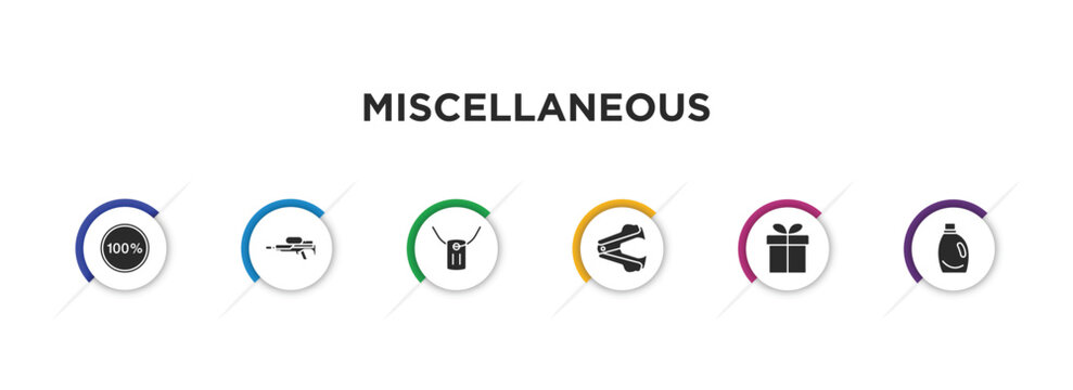 miscellaneous filled icons with infographic template. glyph icons such as 100 percent, flame thrower, army dog tag, stapler remover, wrapped gift, detergen vector.