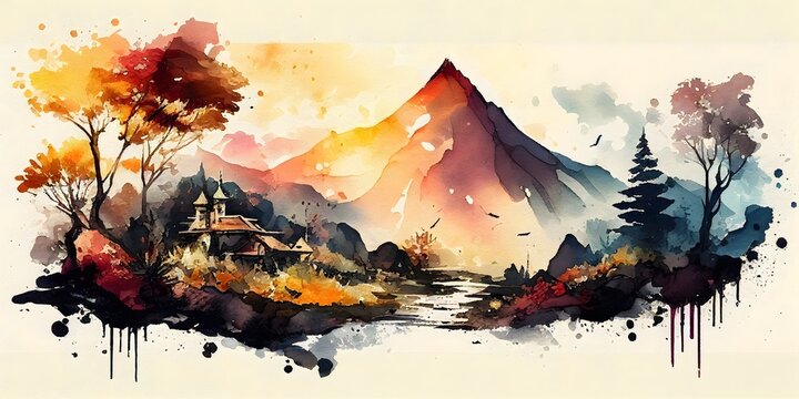 watercolor landscape,digital illustration generative AI