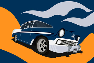 Retro blue car  on orange road and dark background, vector illustration
