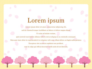 バックに花びらが舞う桜並木と斜めストライプ模様背景のイラスト（黄色）