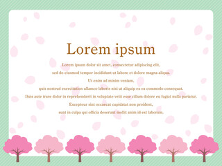 バックに花びらが舞う桜並木と斜めストライプ模様背景のイラスト（緑）