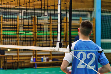 Background for team volleyball games. Sports image of volleyball game and net in an old school...