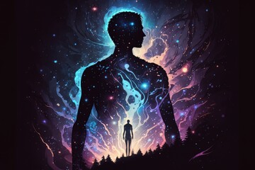 Astral body silhouette with energy, esoteric, spiritual life and meditation concept. Afterlife and near death experience. Generative AI Technology