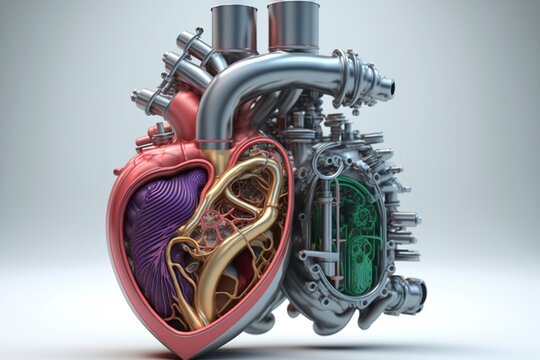 Heart with engine. AI technology generated image