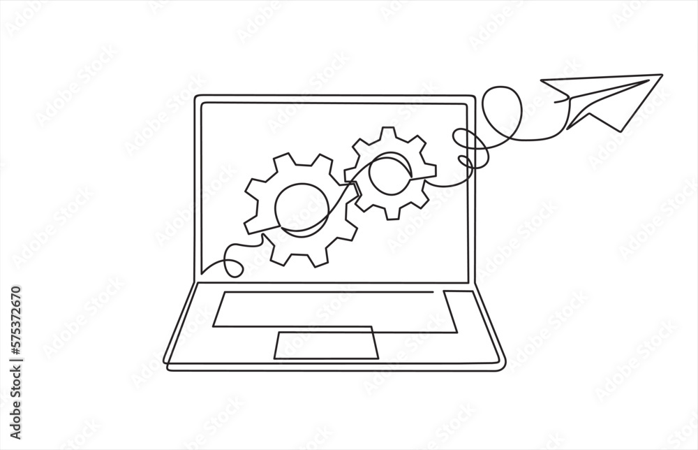 Poster paper plane flying up connected with gears on screen laptop in one continuous line drawing. airplane