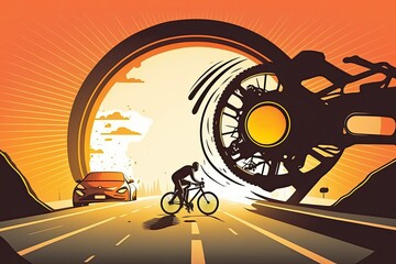 A collision between vehicles. After being hit by a car, a cyclist lays on the road with his bike and helmet. Generative AI