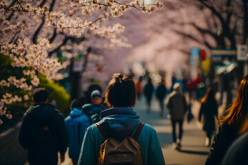 Blooming spring sakura trees time when people enjoy sakura blossom. Cherry blossoming season in Japan. Generative AI
