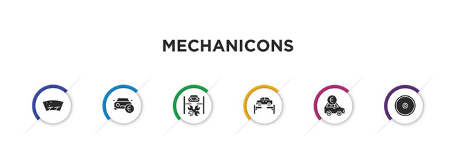 mechanicons filled icons with infographic template. glyph icons such as glass wiper, car sale in euros, repairing car, car on an elevator, with euro, cart wheel vector.