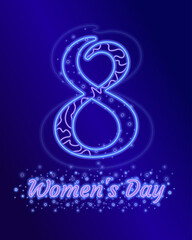 March 8, happy women's day, greeting card in neon style. Bright congratulatory banner. Vector illustration.