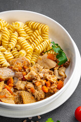 pasta meat tripe meat pasta Rotini fresh ready to cook healthy meal food snack on the table copy space food background rustic top view